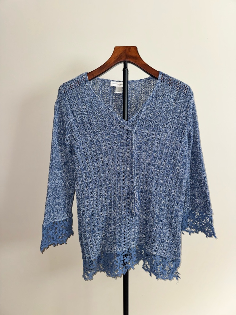 Blue Crochet Knit Top | Boho Lace Trim Sweater | Coastal Grandma Sheer Knit Top